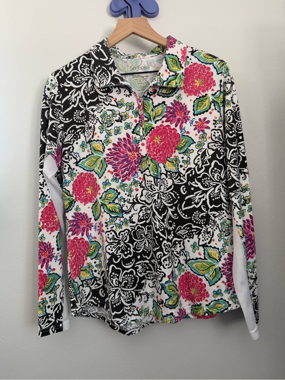 SanSoleil Large Black Floral Print Long Sleeve 1/4 Zip Golf Outdoor Spring